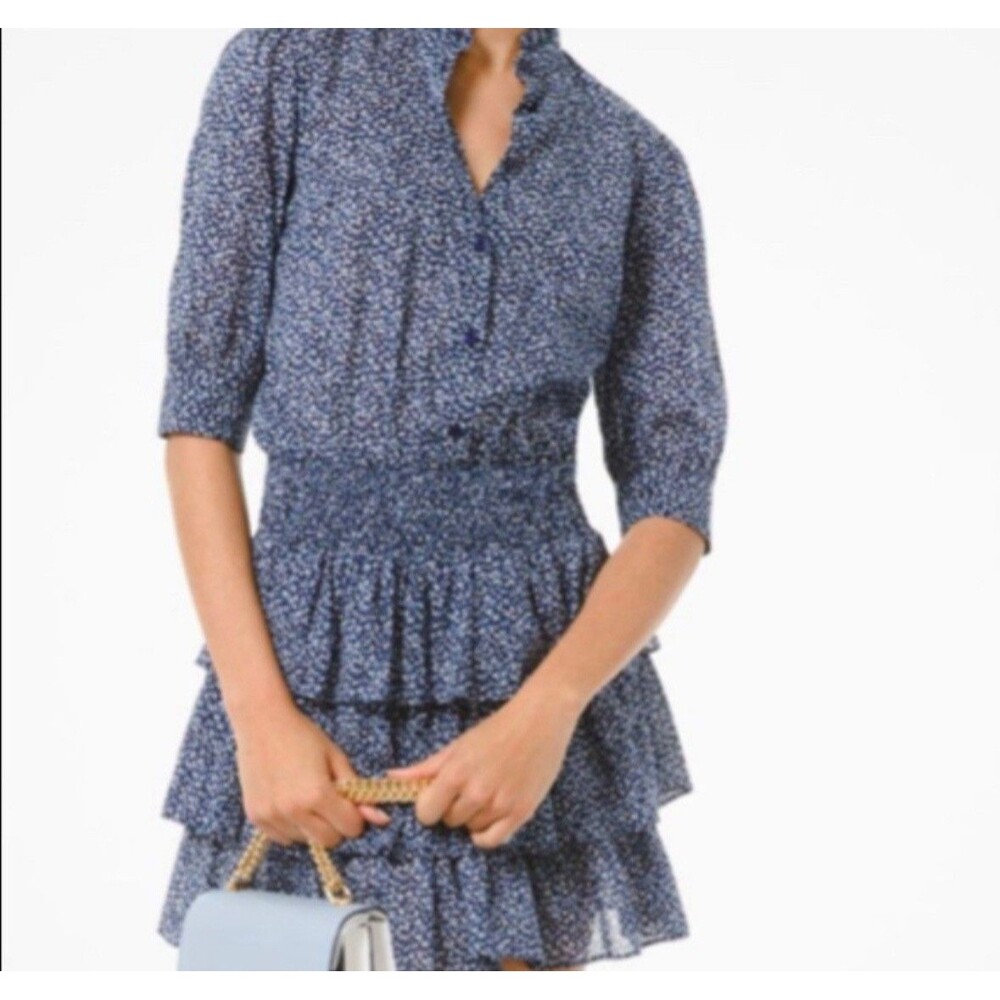 MICHAEL KORS Floral Dress Cotton Lawn Tiered Short Blue Flowers Boho Sz XS - Picture 15 of 16